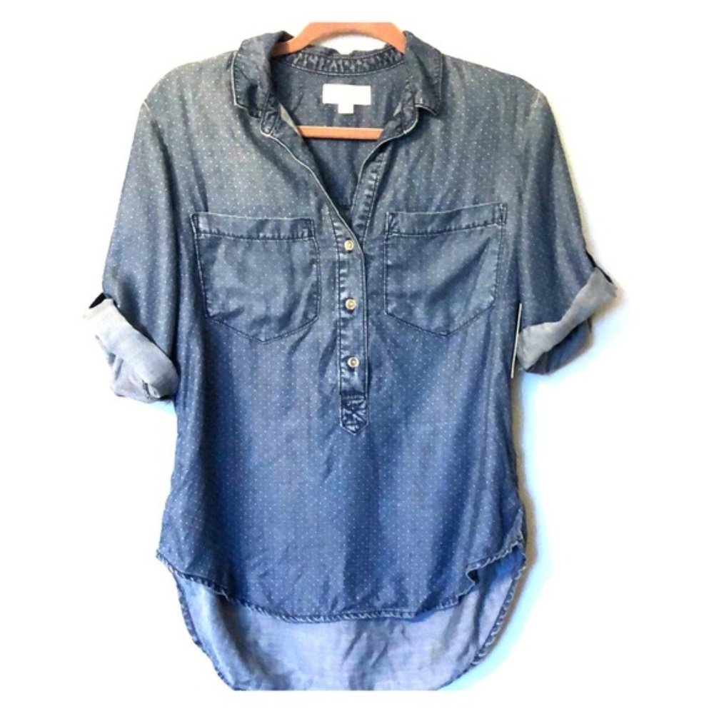 Anthropologie Cloth & Stone Polka Dot Chambray Tencel Button Tab Blouse Small